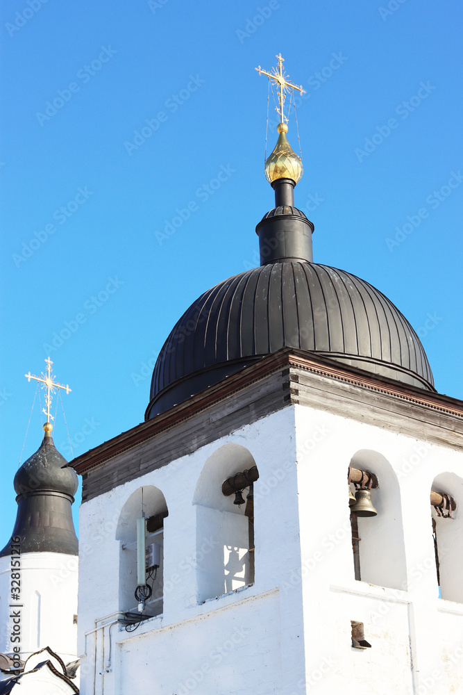 Church of Christ the Saviour. brick church. Golden domes with crosses. in UNESCO heritage list