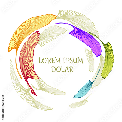 Template frame or flyer or banner with colorful Gingko Biloba leaves for decoration different things or for embroidery or for tea package or medicine