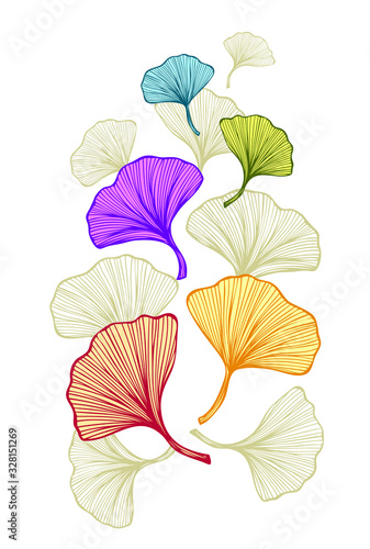 Abstract composition with Gingko Biloba leaves for decoration different things or for embroidery or for decoration T-shirt or mobile telephone or for tea package or medicine
