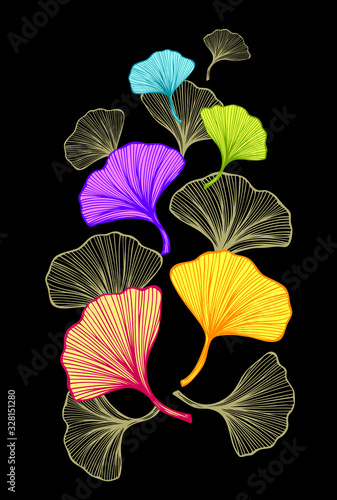 Abstract composition with Gingko Biloba leaves for decoration different things or for embroidery or for decoration T-shirt or mobile telephone or for tea package or medicine