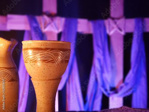 Holy Week With Communion Set Purple Lights with Two Crosses in Backdrop