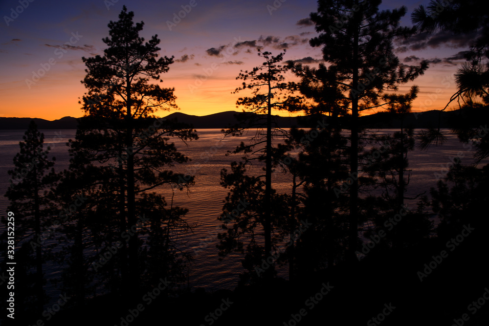 Incline Village, Nevada, USA - 8/22/2019: Beautiful sunset in Sand Harbor on Tahoe Lake Incline Village, Nevada, USA - 8/22/2019: Beautiful sunset in Sand Harbor on Tahoe Lake