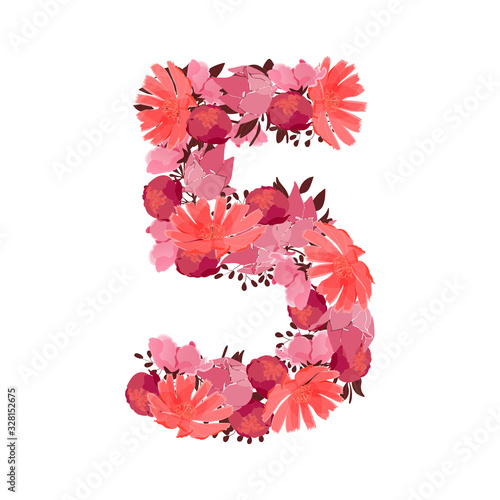 Vector flower number 5. Botanical character, figure. Pink, maroon, coral color flowers in the shape of a bold number isolated on white background. Chicory, peonies, lilies with branches.