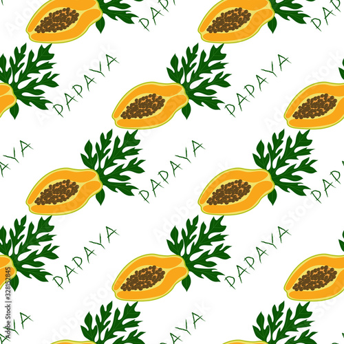 Seamless pattern with the fruits and leaves of the papaya on a white background. Vector hand drawn illustration.