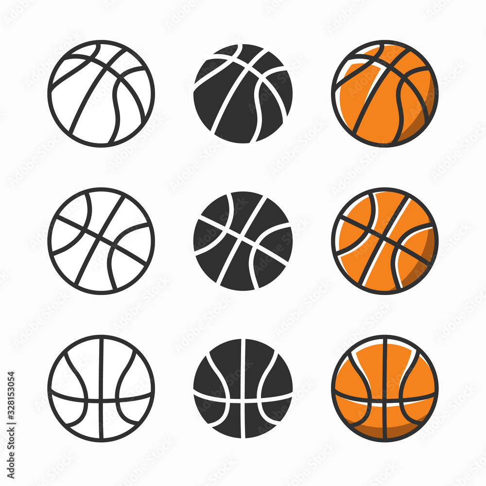 Vector basketball ball icons set in 3 different styles. Basketball outline icons isolated on white backgrounds. Logo design. Vector illustration