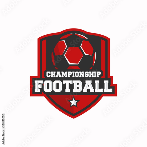 Football championship logo. Football logo with ball isolated on shield background. Trendy sport label, badge. Vector illustration