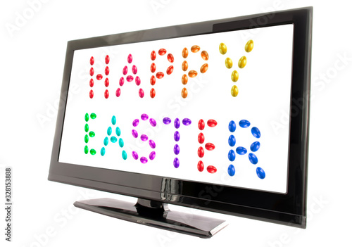 happy easter text made from eggs on big screen television.