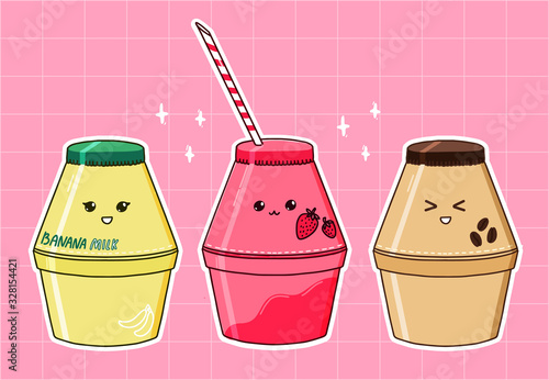 Banana milk bottle, strawberry and coffee flavors. Popular korean drink, kawaii aesthetic. Set of three beverages. Vector stickers design.