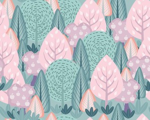 Fotobehang Lichtroze patronen Scandinavische bomen en struiken illustratie  © Iuliia