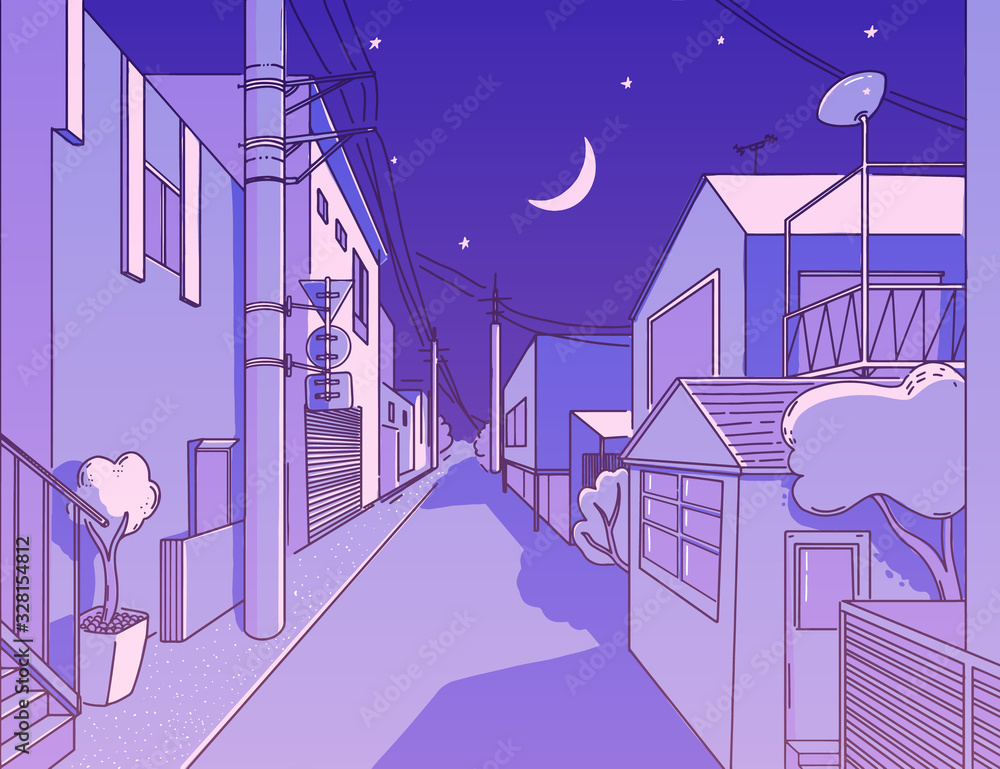 Night Asian Street In Residental Area Peaceful And Calm Alleyway Japanese Aesthetics Illustration Vector Landscape For T Shirt Print Otaku And Hipster Fashion Design Violet Sky With Stars Wires Stock Vector