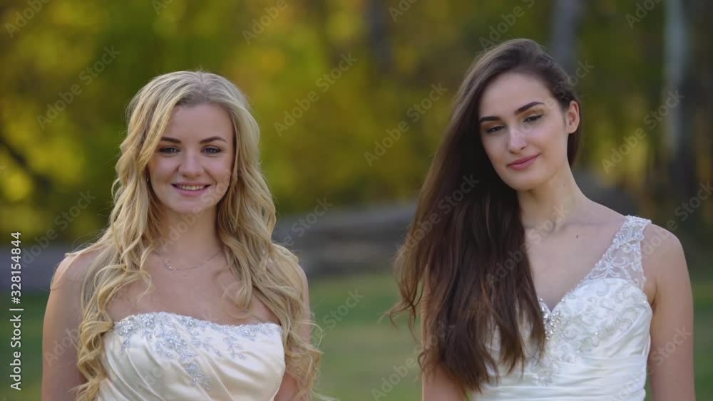 Two brides are posing in the sunshine against a beautiful landscape of autumn nature. Brunette and blonde women Two brides are posing in the sunshine against a beautiful landscape of autumn nature. Brunette and blonde women