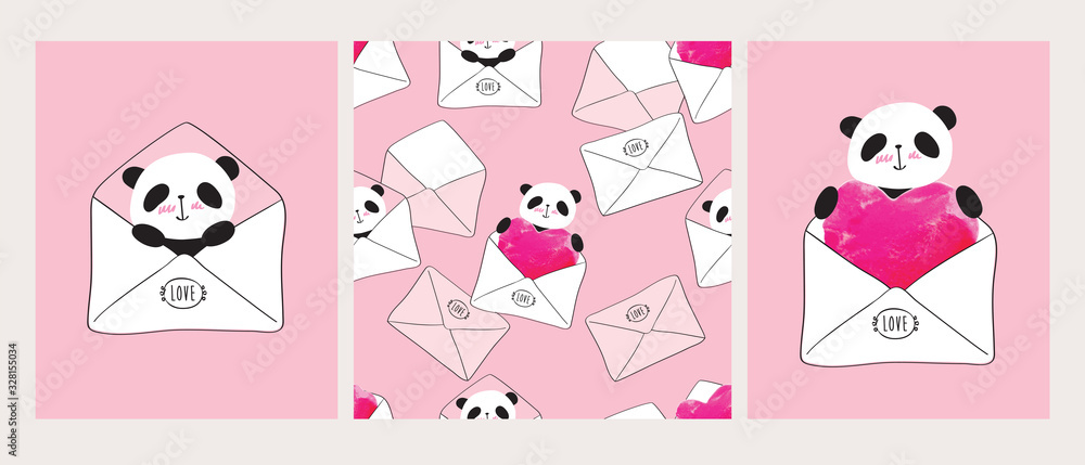 Cool greeting cards and seamless pattern with cute pandas in envelopes for textile, wallpaper, covers, surface, gift wrap, scrapbooking. Background for birthday, March 8, wedding, Valentine's Day.