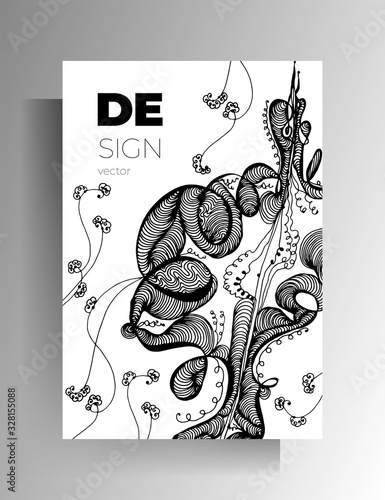 Cover design for book, magazine, catalog brochure. Black and white graphic elements are manually drawn. Vector 10 EPS.