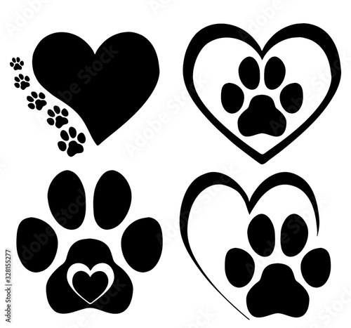 Set of hearts with the paws of dogs in black & white. Collection of black and white logos with footprints of dogs mixed with hearts.