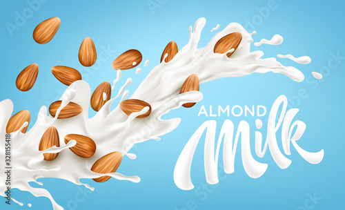 Realistic splash of almond milk on a blue background. Milk lettering calligraphy. Healthy eating concept. Vector illustration