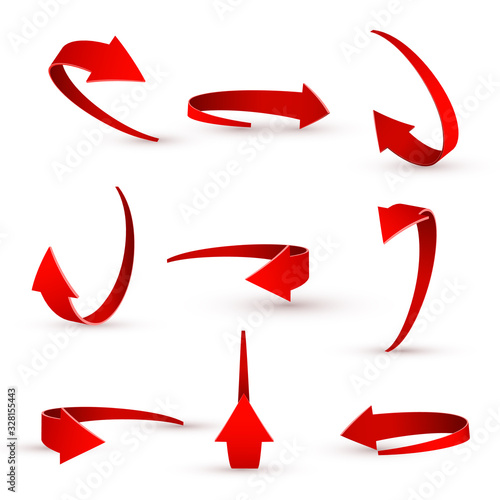 3D realistic red arrow twisted in various directions.