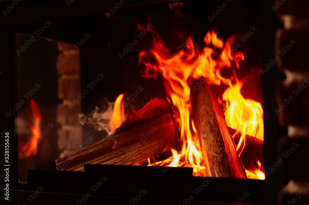 Obraz premium Fireplace with burning wood, closeup view. Winter vacation