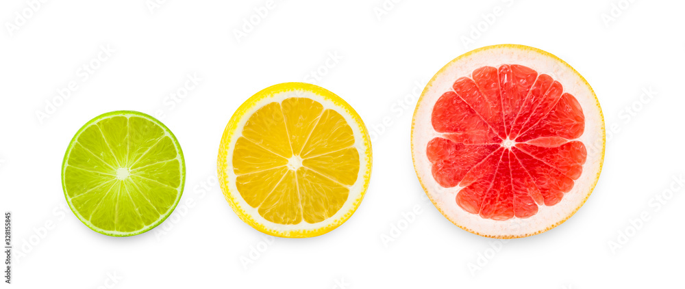Citrus fruits, lime, lemon and grapefruit isolated on a white background