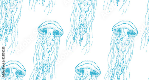 Seamless pattern with jellyfish floating in the sea. Beautiful inhabitants of the underwater world.