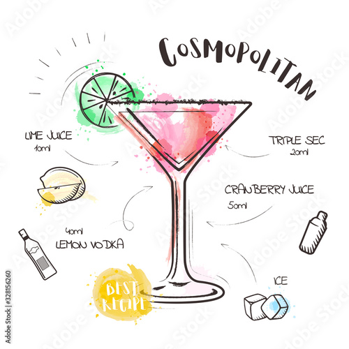  Image of a cocktail and a set of ingredients for making a drink at the bar. Watercolor sketch on a white background. Vector illustration