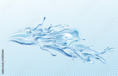 Water stream splashes realistic illustration isolated on transparent blue background. The real effect of transparency. Vector illustration