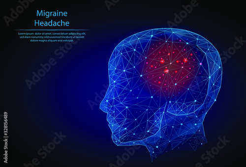 Abstract image Headache in the form of a starry sky or space, consisting of points, lines, and shapes in the form of planets, stars and the universe. 3D Low poly vector. Migraines.