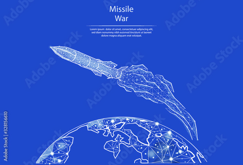 Low poly vector illustration of combat missile in the form of lines and dots, consisting of triangles and geometric shapes. 3d polygonal space. Launched rocket flying over the Earth.