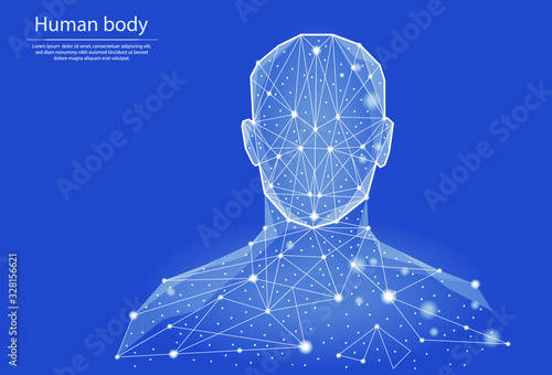 Low poly vector illustration of human body  in the form of lines and dots, consisting of triangles and geometric shapes. 3d polygonal space. Abstract image of a person in the form of a neural network.
