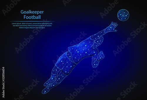 Abstract image goalkeeper in the form of a starry sky or space, consisting of points, lines, and shapes in the form of planets, stars and the universe. 3D Low poly vector. Game of football.