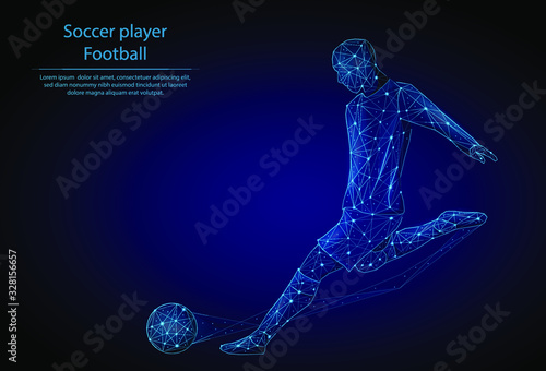 Abstract image Soccer player in the form of a starry sky or space, consisting of points, lines, and shapes in the form of planets, stars and the universe. 3D Low poly vector. Game of football.