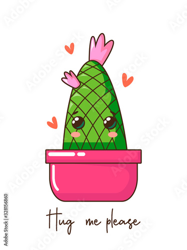 Cute cartoon kawaii cactus with smile face in pot, crown flower and quote. Vector hand drawn illustration, fashion slogan. Nursery design poster, birthday, greeting cards, invitations or like sticker