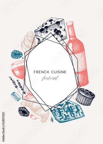 French cuisine menu design. Hand drawn vector food and drink festival dishes illustrations. Vintage style french food and beverages restaurant menu template. Abstract background