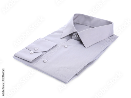 Stylish shirt isolated on white. Dry-cleaning service