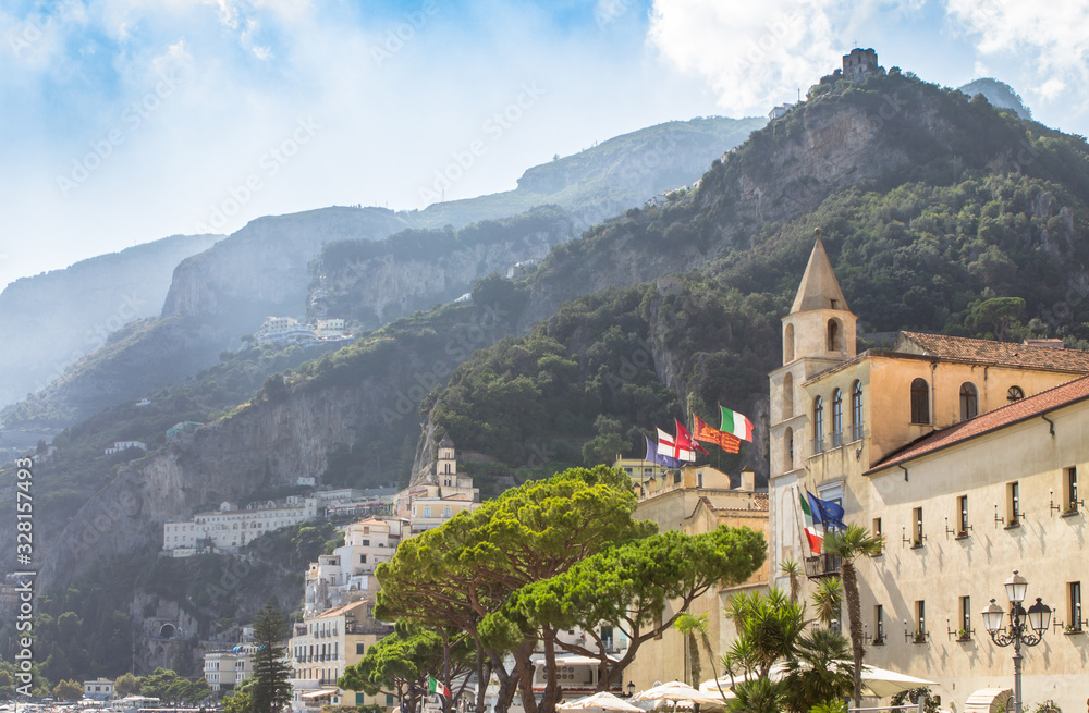 View of the mountains and buildings of Amalfi city, Italy