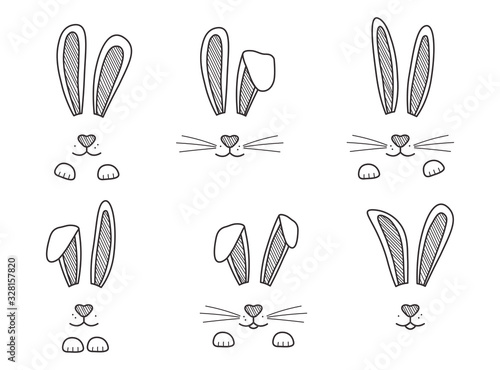 Easter bunnies hand drawn, face of rabbits. Black and white ears and muzzle with whiskers, paws. Elements for design greeting cards. Vector illustration