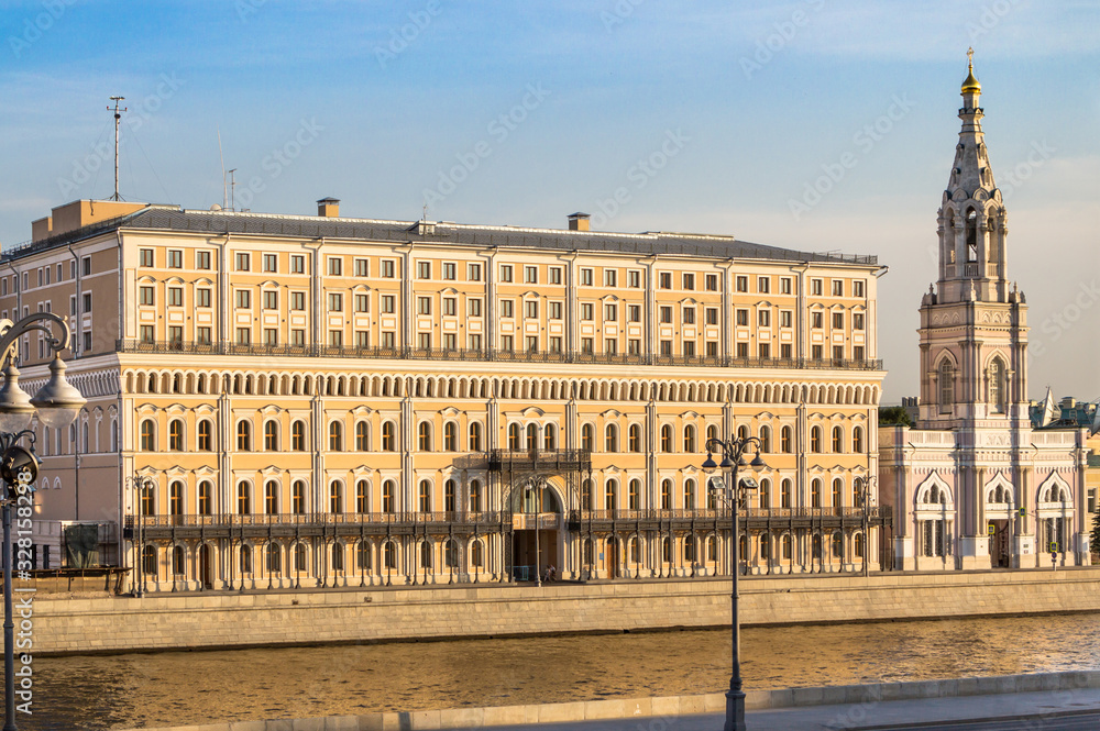 Traditional Moscow building on waterfront of Moscow River