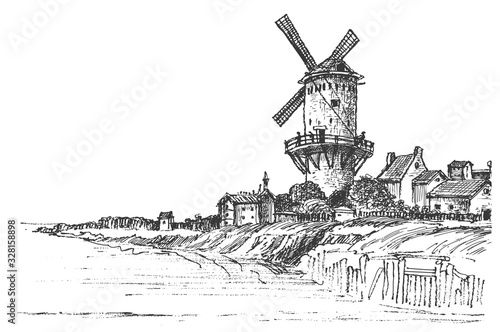 Panoramic View of the Old Mill and the Village. Old Windmill Rustic House. Vector sketches 