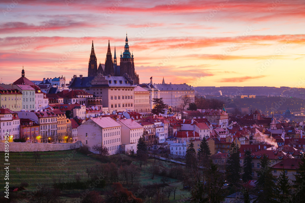 Sunrise view of Prague castle from Petrin Hill, Czech Republic. Sunrise view of Prague castle from Petrin Hill, Czech Republic.