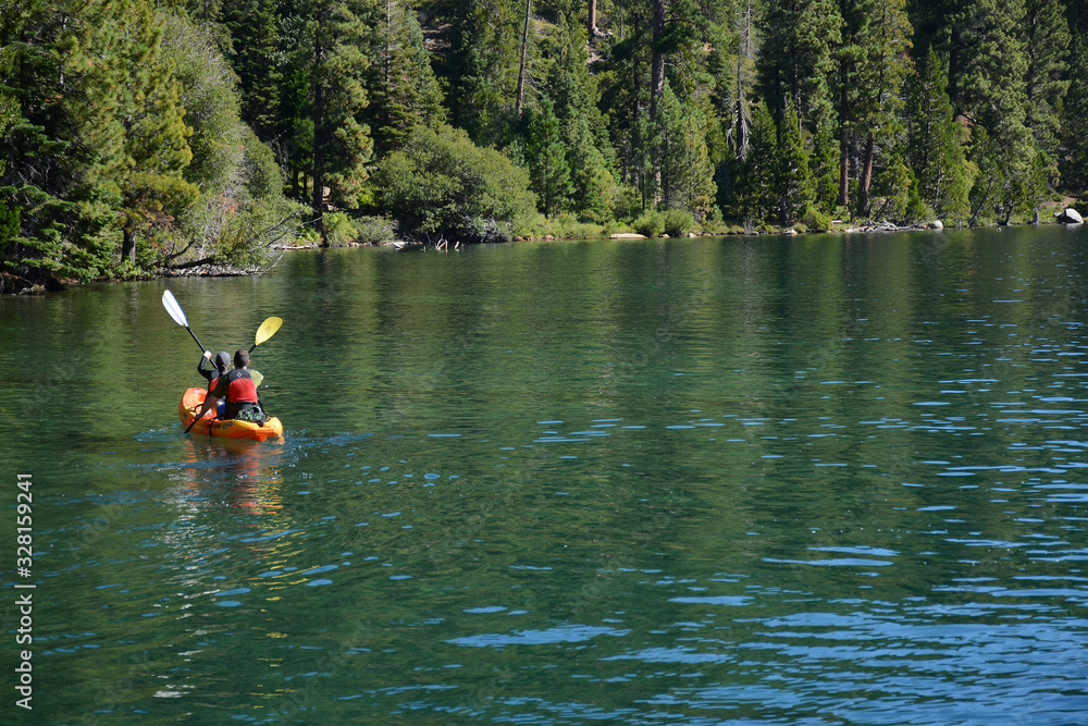 SOUTH LAKE TAHOE, CALIFORNIA, USA - AUGUST 21, 2019: Kayaking at Emerald Bay on Tahoe Lake