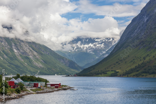 Beautiful Norwegian landscape. view of the fjords. Norway ideal fjord reflection in clear water. selective focus