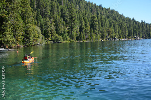 SOUTH LAKE TAHOE, CALIFORNIA, USA - AUGUST 21, 2019: Kayaking at Emerald Bay on Tahoe Lake