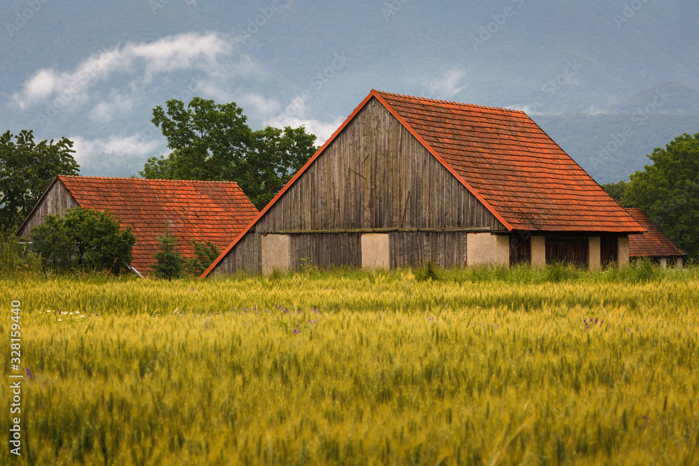Fields and  traditional barns in Turiec region, central Slovakia.