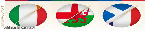 Rugby matches of round four: Ireland versus Italy, England versus Wales, Scotland versus France. Concept for rugby tournament.