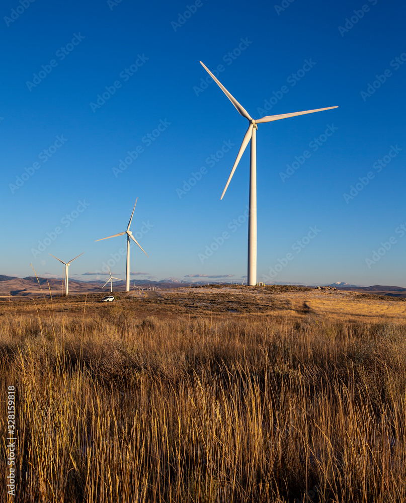 Wind turbines in field against blue sky Wind turbines in field against blue sky