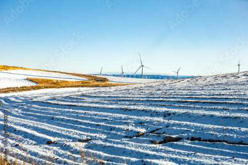 Wind turbines in a field with blue sky photo