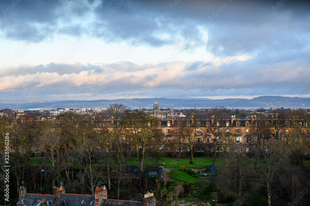 Top view on Dean village in old part of Edinburgh in morning hours, capital of Scotland