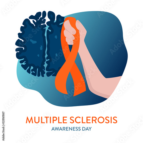 Multiple sclerosis awareness ribbon. MRI scan of the brain affected by MS. Hand holding orange bow. Central nervous system disease. Medical concept. Vector illustration.