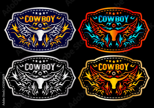 Western Style Cowboy Bull Belt Buckle vector set design.