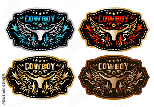 Western Style Cowboy Bull Belt Buckle vector set design.