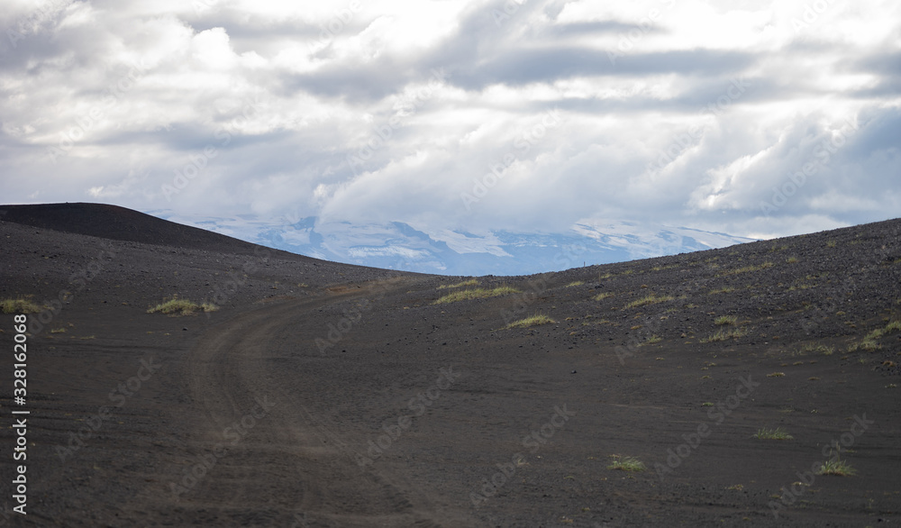 Laugavegur hiking trek, panoramic view of mountain with Volcanic landscape during ash storm. Iceland